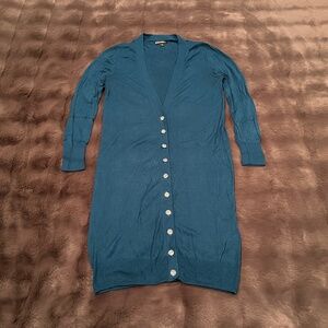 Express Teal Cardigan Sweater with Faux Crystal Buttons & Three Quarter Sleeves